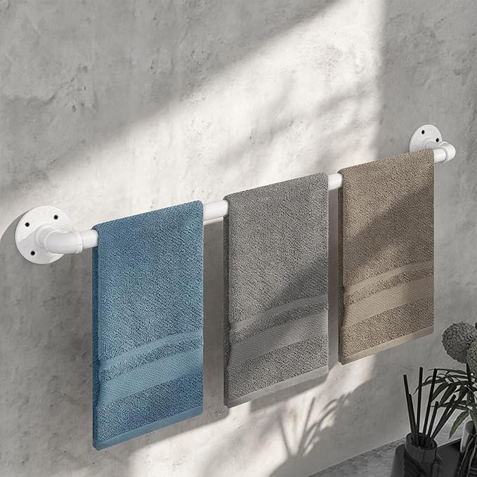 Industrial Pipe Towel Rack Towel Bar, Heavy Duty Wall Mounted Rustic Farmhouse Bath Towel Holder for Bathroom (White, 28 inch)