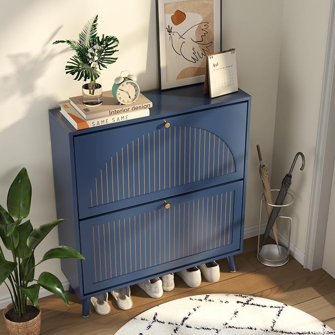 Fsbecl Shoe Storage Cabinet for Entryway with 2 Flip Drawers, Narrow Wood Shoe Cabinet with Fluted Panel, Freestanding Hidden Shoe Organizer for Hallway