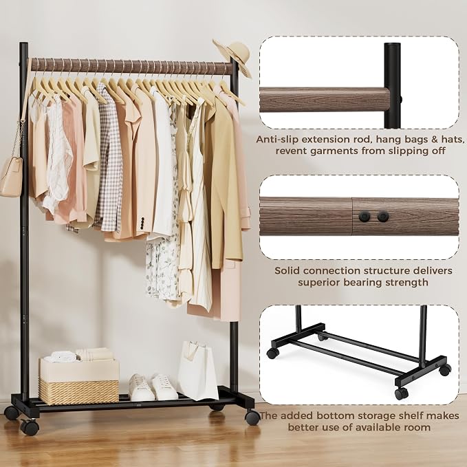 Black Clothing Rack for Hanging Clothes, Portable Rolling Clothes Rack with Wheels, Heavy-Duty Metal Garment Racks with Bottom Shelf, Large Load Capacity & Easy Assembly