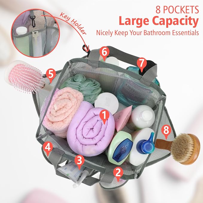 Mesh Shower Caddy Portable - 8 Pockets, S-Hook, Shower Bag for Dorm Camping | 2-Handle, Quick-Dry, Hanging Toiletry Organizer, College Dorm Room Essentials for Girls, Gym, Travel & Bathroom, Grey