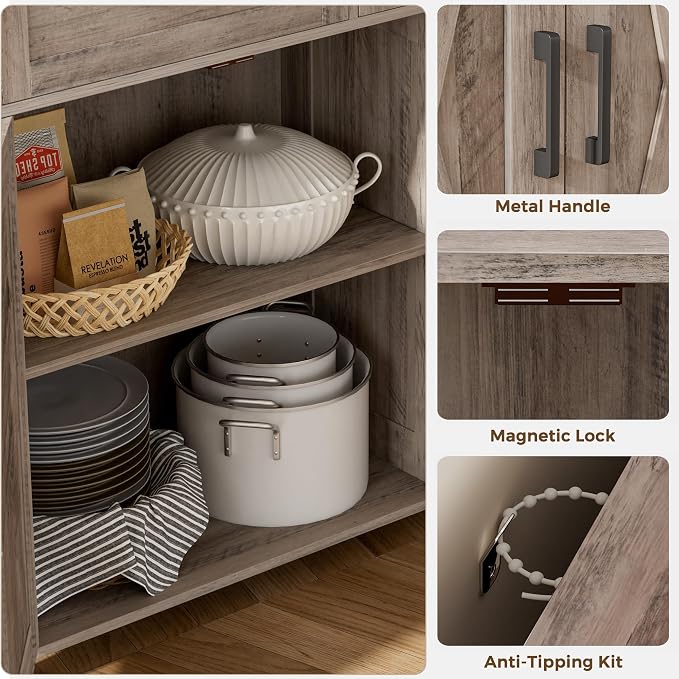 Homhedy Coffee Bar Storage Cabinet with Drawers, Kitchen Buffet Cabinet | Sideboard Cabinet with Doors, Farmhouse Buffet Cabinet, Adjustable Shelves, for Kitchen / Dining / Living Room, Greige