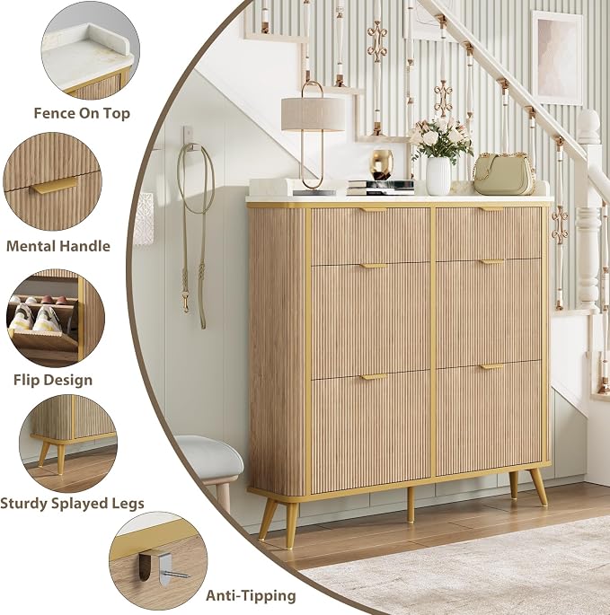 Fluted Shoe Storage Cabinet with 4 Flip Drawers & 2 Drawers, Freestanding Hidden Shoe Organizer with Adjustable Shelves, Wood Narrow Shoe Rack Cabinet for Entryway, Foyer, Hallway, Natural Oak