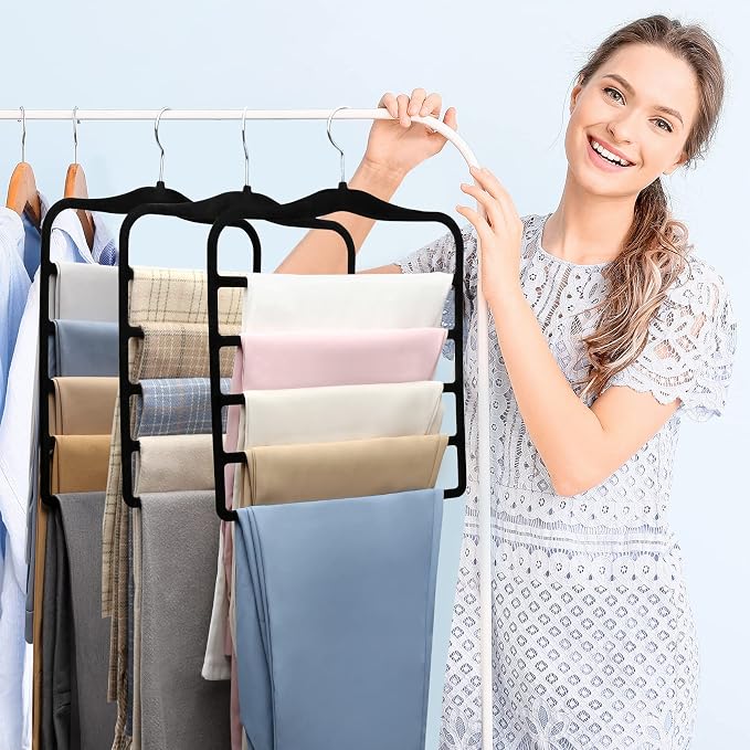 Pants Hangers Space Saving,5P Scarf Hangers for Closet Organizers and Storage,Non Slip Velvet Hanger for Closet Organizer,College Dorm Room Essentials,Heavy Duty Organization and Storage Jean Hangers
