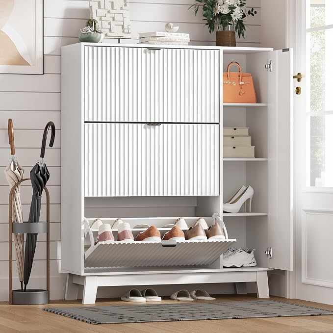 Shoe Cabinet Storage for Entryway with 3 Flip Drawers & Side Cabinet, Fluted Narrow Shoe Organizer with Wooden Leg, Freestanding Shoe Storage Hidden Shoe Rack Organizer for Front Door Entrance, White