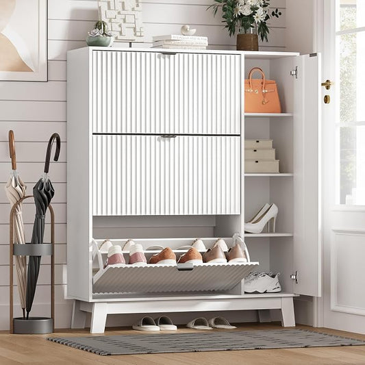 Shoe Cabinet Storage for Entryway with 3 Flip Drawers & Side Cabinet, Fluted Narrow Shoe Organizer with Wooden Leg, Freestanding Shoe Storage Hidden Shoe Rack Organizer for Front Door Entrance, White