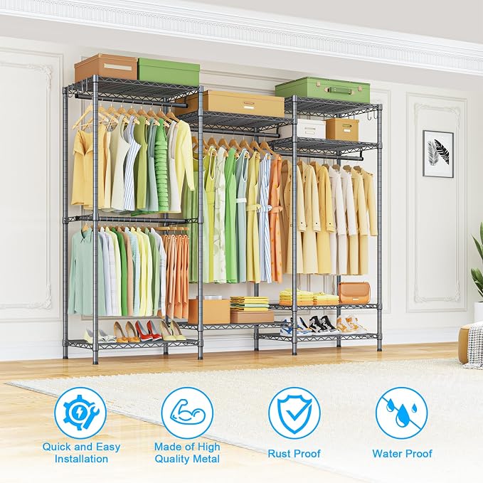 E13 Heavy Duty Clothes Rack（With 4 Hanger Rods & 8 Shelves） Freestanding Clothing Racks for Hanging Clothes，Adjustable Closet Organizer，Metal Garment Rack 63" W x16 D x77 H，Max Load 900LBS，Grey