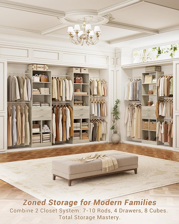 Besiost Small Closet System, 3.2-6.8FT Small Closet Organizer with 5 Hanging Rods, Can Fit 37.5 to 81.9 inch Walk-in Closet System, Built-in, Greige Oak, Enclosed Storage Volume 2.32 ft³