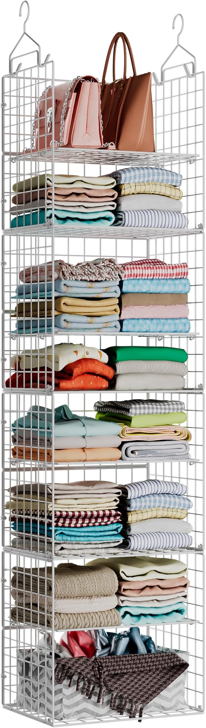 X-cosrack 8-Tier Closet Hanging Organizer Shelf - Hanging Clothes Organizer Shelves, Metal & Foldable Hanging Closet Organizer Baskets with Adjustable Dividers for Clothing Sweaters Shoes Handbags