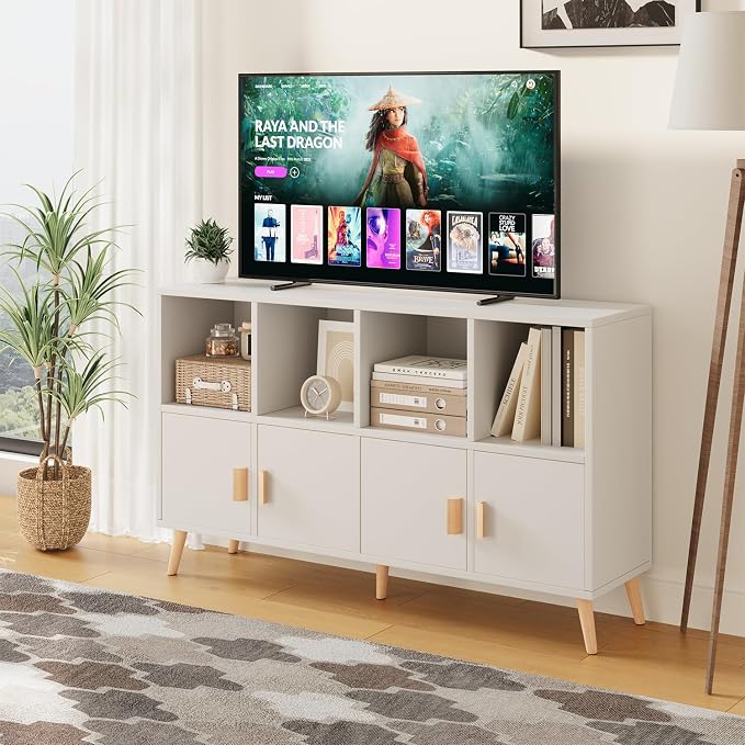 8-Cube Storage Organizer with Doors & 5 Solid Wood Legs, Mid-Century Modern Bookshelf with Seamless Top, Horizontal Cubby Toy Storage for Kids, Sideboard Media Console fits 11" Bins, White