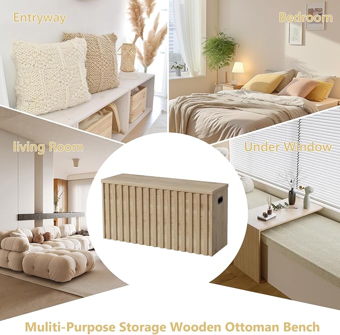 Storage Bench Set of 2, 39.4" Wood Storage Trunk with 2 Safety Hinges, Sturdy Storage Chest, Fluted Storage Bench for Bedroom, Shoe Bench for Entryway, Living Room (Ivroy White)