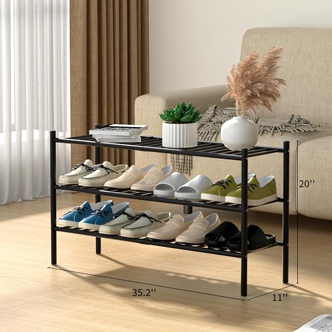 ROMGUAR CRAFT 3-Tier Bamboo Long Shoe Rack, Free Standing Wood Shoe Shelf Storage Organizer for Closet Entryway Stackable 35"x11"x20" (Black)