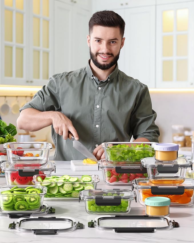 KEMETHY 40 PCS Glass Food Storage Containers with Lids | Borosilicate Glass Meal Prep Containers, BPA-Free, Leak Proof, Reusable, Microwave/Dishwasher Safe, 20 Container & 20 Lid