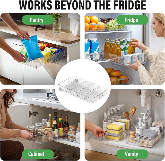 Fridge Organizer Bins with Wheels, Pull Out Fridge Organizer, Adjustable Dividers and Easy Pull Handles, Clear Plastic, 2-Pack, Suitable for Kitchen, Pantry and Cabinet Deep Shelves