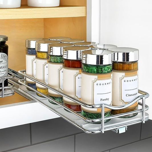 LYNK PROFESSIONAL® Pull Out Spice Organization for Cabinets - 4-3/8 inch Wide – Spice Rack for Inside Cabinets, Slide Out Spice Rack Organizer for cabinet – Pull Out Spice Rack, Sliding 1 Tier Chrome