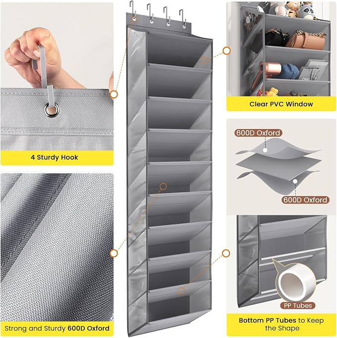 Mefirt 20-25 Pairs Over the Door Shoe Organizer, Clear Pockets Shoe Rack for Closet Door, 10-Tier Hanging Shoe Rack for Boots, Behind the Door Shoe Holder Fit All the Family's Sneakers, Heels, Grey
