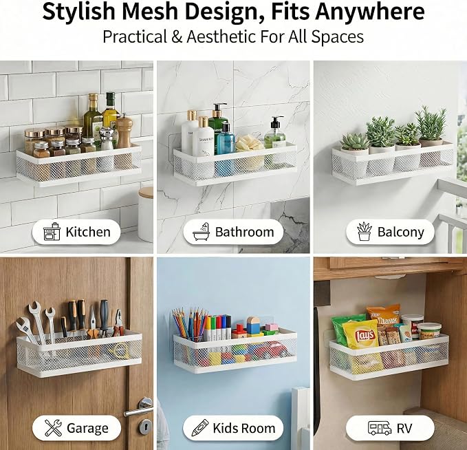 PUSDON Mesh Shower Caddy Wall Mount, Heavy Duty Adhesive Bathroom Shelf Organizer, Rustproof Floating Spice Rack for Kitchen Pantry, Holds 50 LBS, Multi-Purpose Storage White-2 Packs (Netting)