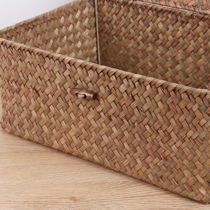 FEIALNDUO Wicker Shelf Baskets with Lid,Seagrass Storage Basket Bins Rectangular Handwoven Basket Boxes for Shelves Desktop Home Organizer (Coffee, Medium)