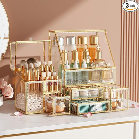 CoralHouse Glass Makeup Organizer with Brush Holder for Vanity | Clear Skincare Organizer for Vanity, Stackable, Large Capacity, for Makeup Lipstick Perfumes Brush Skincare