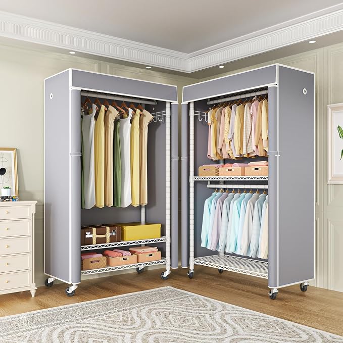 White Clothing Rack with Grey Cover, P1C Rolling Closet Rack with Wheels, Metal Garment Rack for Hanging Clothes, Clothing Storage Wardrobe, 36.2" W x 16.5" D x 80.5" H, Load 450 Pounds