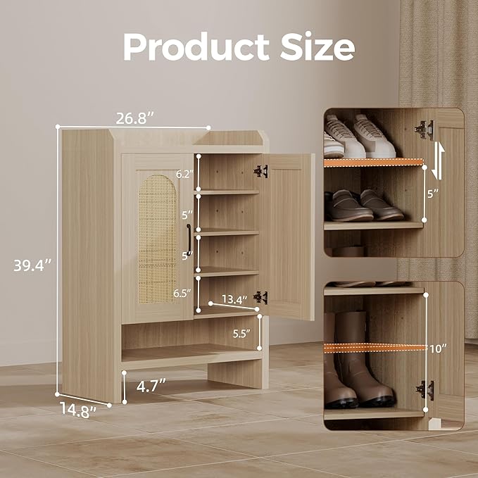 6-Tier Shoe Cabinet Storage for Entryway, Rattan Shoes Organizer Cabinets with Doors, Wooden Shoe Rack, Farmhouse Boho Wood Storage Cabinet (Oak, 6-Tier)