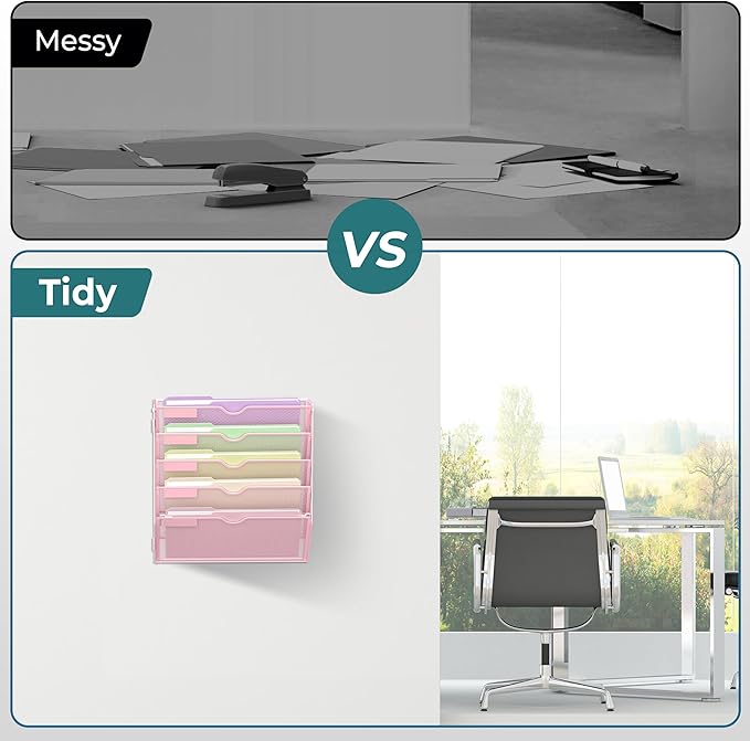 SUPEASY 5 Tier Wall File Organizer, Hanging Wall Mounted Mail Organizer with Label Slots, Metal Mesh File Holder Magazine Rack for Office, Home, School, Pink