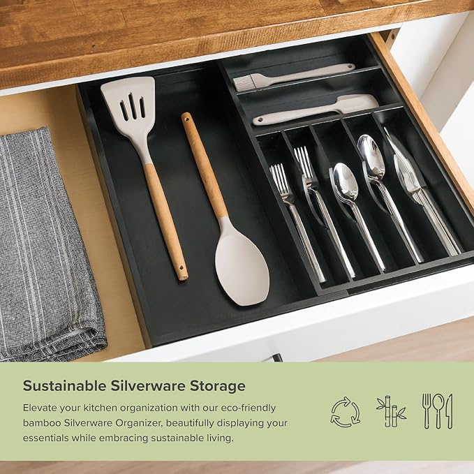 KitchenEdge Silverware & Utensil Drawer Organizer, 10.5-19 in, Black Bamboo | Cutlery, flatware, food-safe contract grade, kitchen drawer fit