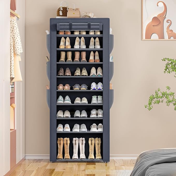 OYREL Shoe Rack Dustproof 10 Tier Tall Large Storage with 6 Storage Pocket | Space Saving Fabric Cover Shoe Organizer Shelf for Closet, Bedroom, Garage, Entryway, Narrow Free Standing Cabinet Holder