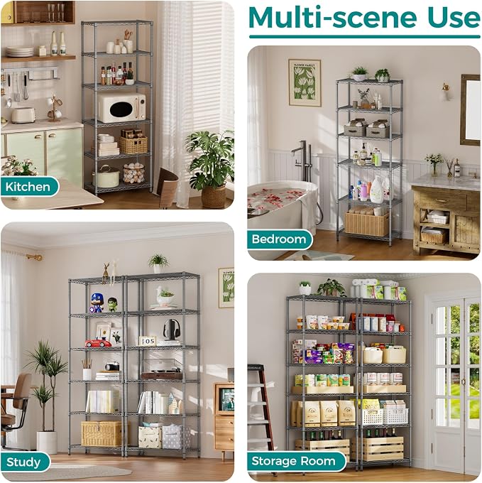 SINGAYE 6 Metal Shelves Wire Shelving Storage Shelf Adjustable Unit Pantry | 6 Tier Kitchen Laundry Room Organization Home Pantry Closet Bathroom Organizers Garage Rack 14" D x 24" W x 72" H Gray