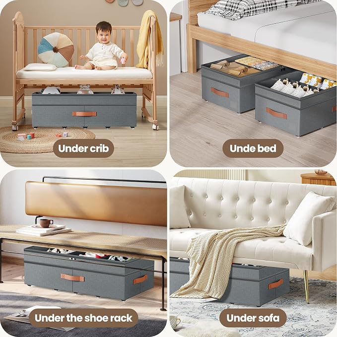 Under Bed Storage with Wheels, 2Pack 71L Under the Bed Storage Containers | Adjustable Underbed Drawer with Lids, Underbed storage Rolling Bin for Shoes, Clothes, Blankets, Grey