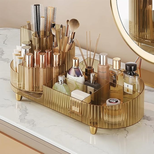Booklov Rotating Makeup Organizer for Vanity Countertop, Amber | Clear Acrylic Cosmetic Display Case, Large Beauty Brush Holder for Bathroom Counter, Skincare Lipsticks Storage