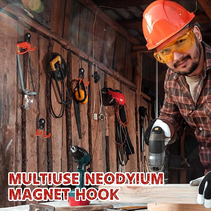Landhoow 22 Pcs Large Magnetic Hooks Heavy Duty Garage Magnet Hooks Strong Storage Utility Magnetic Hangers with Anti Slip Rubber Coating for Indoor and Outdoor Hanging (Orange)