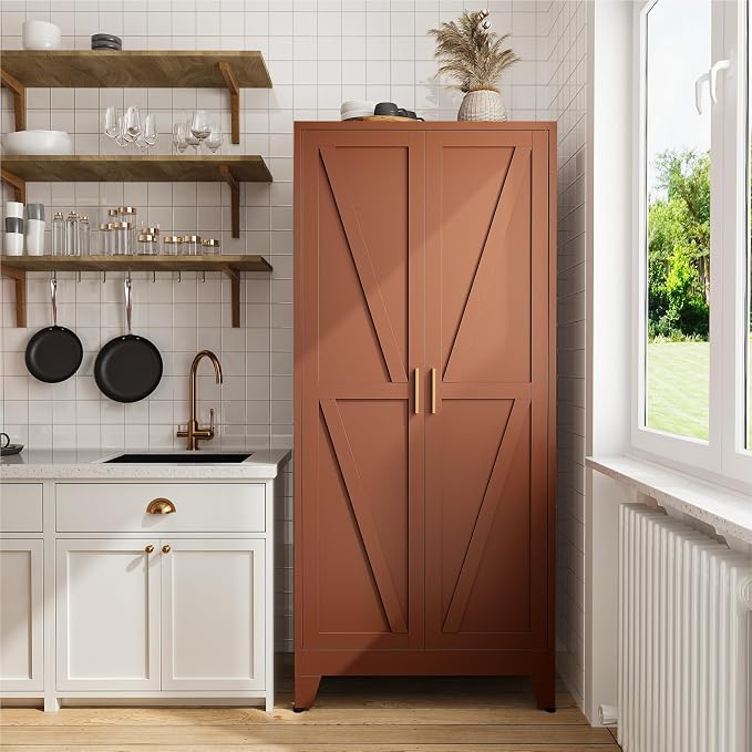 COFaR 71" Metal Pantry Cabinet in Brown, 5-Tier Storage with Adjustable Shelves, Metal-Tone Cupboard for Kitchen, Office & Living Room Organization