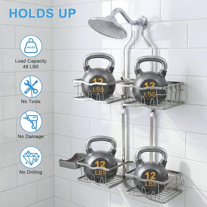 Shower Caddy Hanging Organizer Over Showerhead with Hooks, Silver | Rustproof Hanging Shower Organizer for Handheld Showerheads, Shower Shelves Rack with Razor Soap Holder, Toothbrush Holder
