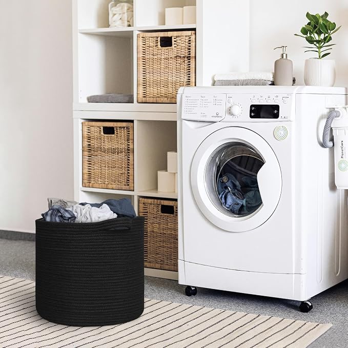 MEGASKET Large Black Storage Basket, 16" x 14" Cotton Rope Baskets for Storage, Blanket Storage Living Room, Big Woven Laundry Basket, Dog Kids Toy Box Organizer, Round Floor Shoe Towel Bin