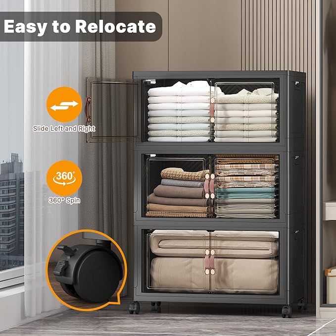 UAMFURI Stackable Storage Bins, 336QT Collapsible Drawers with 1 Lid | Large Capacity, Magnetic Door, Stack Lock, Rolling Wheels, Foldable Design, Organizers and Storage for Bedroom Dorm Garage