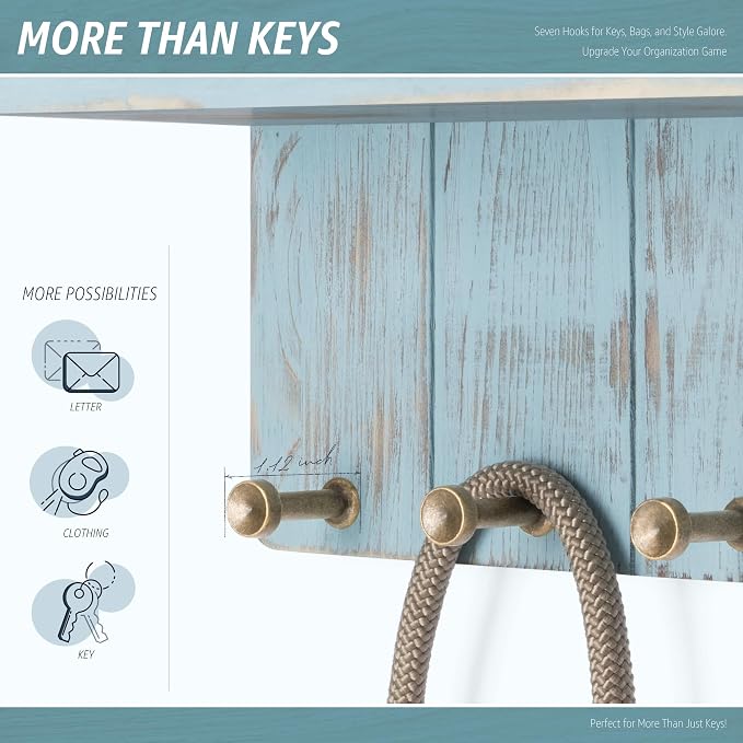Rebee Vision Key Holder Wall Mount with Shelf for Entryway, Distressed Blue | Key and Mail Holder for Wall, 7 Sturdy Key Hooks, Floating Shelf, Plant Display, Room Decor Aesthetic, Home Decor Aesthetic