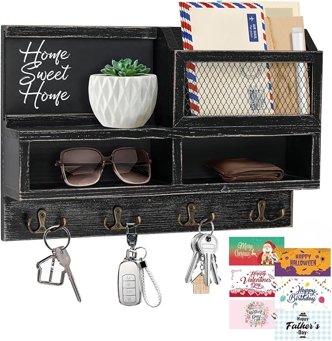 Key Holder Wall Mount, Wooden Mail and Key Organizer, Black | Rustic Farmhouse Style, 4 Double Hooks, Includes 2 Storage Box, Small Shelf, Mail Slot, for Entryway, Doorway, Hallway, RV