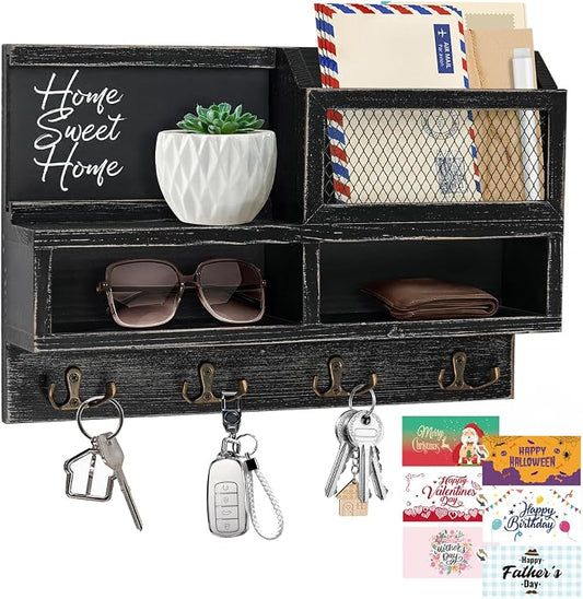 Key Holder Wall Mount, Wooden Mail and Key Organizer, Black | Rustic Farmhouse Style, 4 Double Hooks, Includes 2 Storage Box, Small Shelf, Mail Slot, for Entryway, Doorway, Hallway, RV