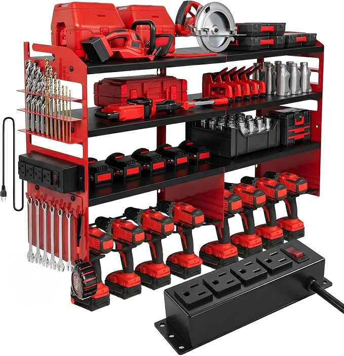 Power Tool Organizer Wall Mount, Includes Power Strip, RED | Heavy Duty 600 Lbs Metal Tool Storage Rack, 4-Tier Garage Drill Holder & Workshop Battery Management Station