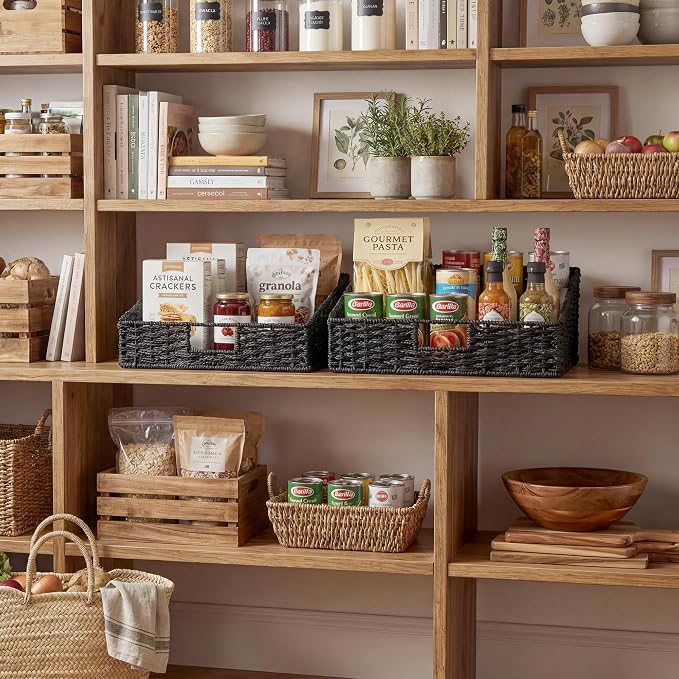 StorageWorks Wicker Baskets with Handles, Pantry Organizers and Storage, Paper Rope Pantry Baskets for Shelves, Black， 2-Pack