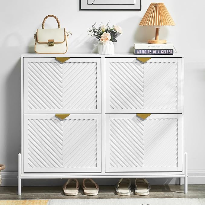 Shoe Cabinet with 4 Flip Drawers, Narrow Entryway Rack, White | Slanted Wood Grain, Freestanding, Adjustable Compartments, Removable Middle Shelf, Metal Handles, for Hallway Foyer Entrance