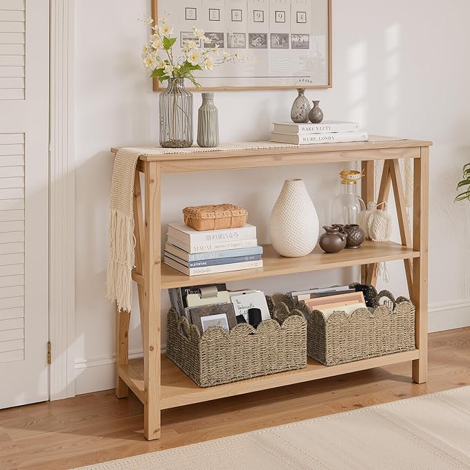 StorageWorks Scalloped Seagrass Baskets, Hand-woven Rattan Baskets with Built-in Handles, Cute Baby Basket for Nursery, Basket for Organizing and Decor, 15"L x 11"W x 6¾"H