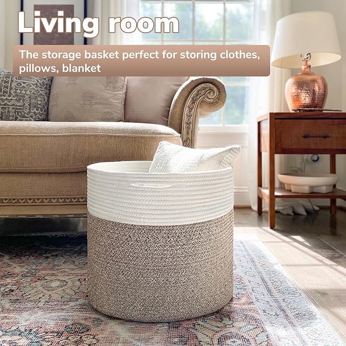 Goodpick Woven Rope Basket for Blankets, Storage Basket for Toys, 45L | 15.8 x 15.8 x 13.8 In Baby Toy Storage Basket for Nursery, Blanket Basket Living Room, Laundry Basket for Towels, Bin,Mele