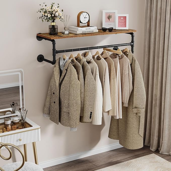 Clothes Rack with Top Shelf, 43.3in Industrial Pipe Wall Mounted Garment Rack, Space-Saving Display Hanging Clothes Rack, Heavy Duty Detachable Multi-Purpose Hanging Rod for Closet Storage