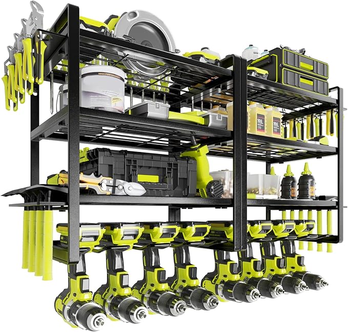 Power Tool Organizer, 8 Drill Holder Wall Mount, 4 Layers Garage Tool Organizers and Storage Rack, Tool Shelf with Screwdriver/Plier/Hammer Holder