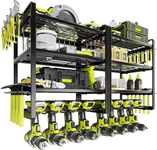 Power Tool Organizer, 8 Drill Holder Wall Mount, 4 Layers Garage Tool Organizers and Storage Rack, Tool Shelf with Screwdriver/Plier/Hammer Holder