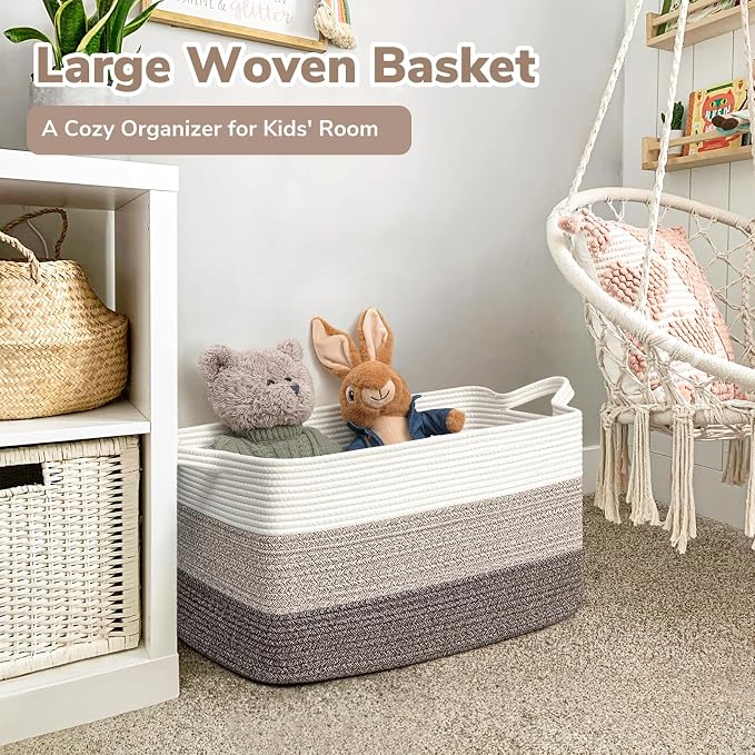 Goodpick Large Woven Blanket Basket, Rectangle Organizer, White Brown | 21.6 x 14.9 x 11.8 in, Reinforced Handles, Living Room, Bedroom & Nursery Organization, Blankets, Toys & Home Decor