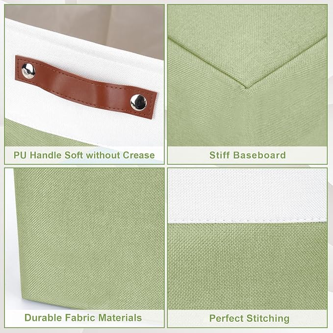 Bagnizer Collapsible Fabric Storage Cubes 11x11 Cube Storage Bins, 4 Pack Closet Baskets Box with Handles for Organizing, Shelf, Toys, Clothes, Home, Office, Nursery (Green&White)