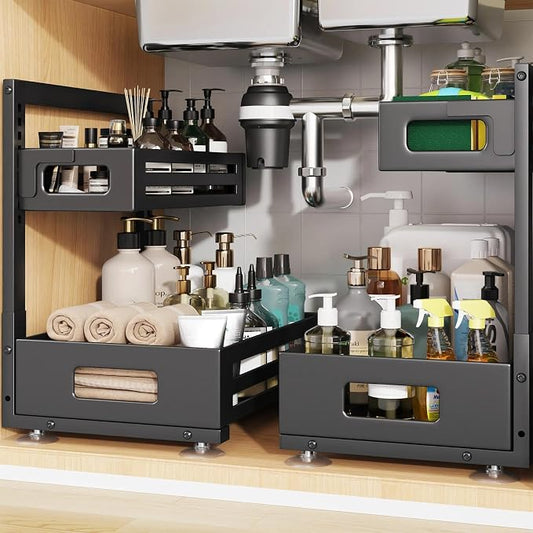 2 Pack Under Sink Organizer,Pull Out Cabinet Organizer with Smooth Cylindrical Rail,Metal Slide Out Drawer for Kitchen Bathroom Laundry Cabinet,8-Level Tool Free Height Adjustable-Black