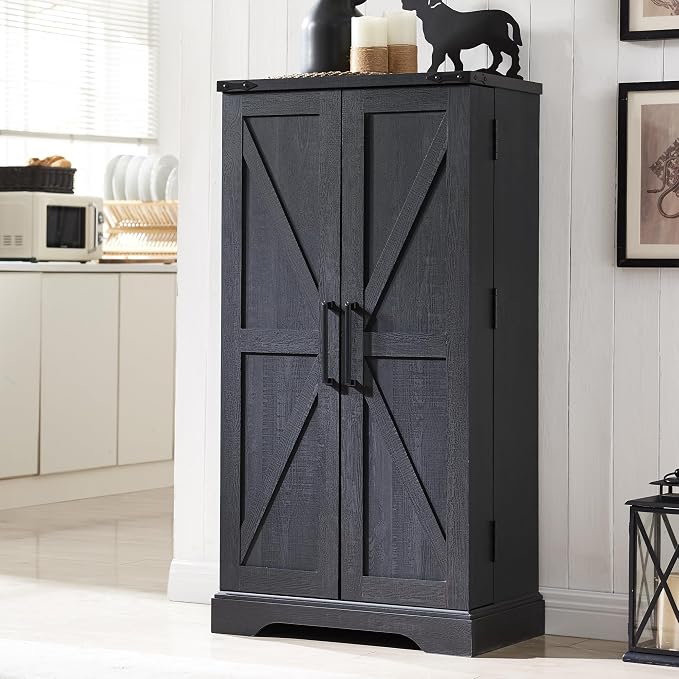 47" Tall Wooden Pantry Storage Cabinet with Door Shelves | Farmhouse, Barn Doors, Adjustable Shelves, Freestanding, Anti-tip Kit, for Kitchen, Dining Room, Living Room